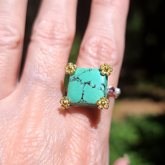 Turquoise & Amethyst sterling & gold daisy ring sz 8.5 - Picture 3 of 9